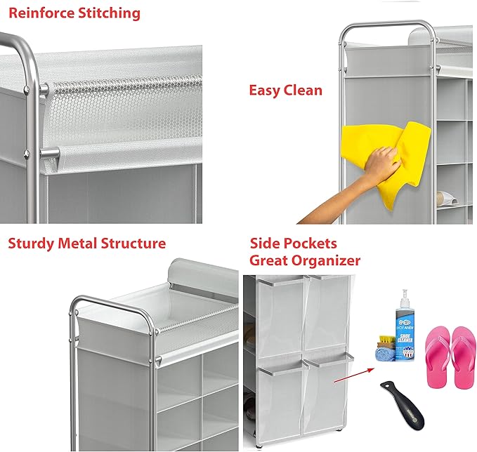 Simple Houseware 16 Cube Shoe Stand Tower Rack 8 Tier, Gray | Top Shelf and Side Hanging Pockets