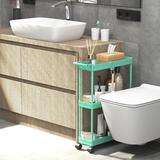 Simple Houseware 3-Tier Slim Rolling Cart w/Handle 5.5" Wx27.5 H, Turquoise | Storage Cart for Narrow Space (5.5-Inch Wide) Kitchen, Bathroom, Laundry Room