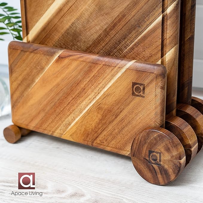 Premium Wood Cutting Board Organizer - Solid Acacia Wood Cutting Board Holder Stand w/Brass - Kitchen Chopping Board Rack by the Apace Living Premier Collection
