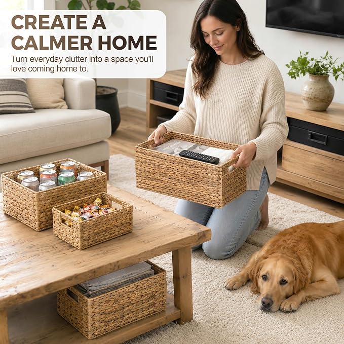 M4DECOR Set of 4 Water Hyacinth Storage Baskets for Shelves – Handwoven Wicker Baskets for Organizing, 4 Sizes (S/M/L/Jumbo)