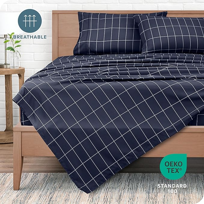 Bare Home California King Sheet Set - Luxury 1800 Ultra- Soft Double Brushed Microfiber - Deep Pockets - Easy Fit - 4 Piece Bedding Sheet Set (California King, Grid - Midnight/White)