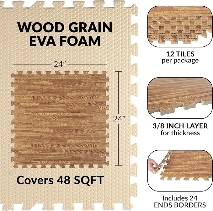 EVA Foam Floor Tiles 12-Pack - 48 SQFT Woodgrain Puzzle Mats for Floor - Interlocking Foam Tiles for Family Room or Gym Flooring by Stalwart (Light)
