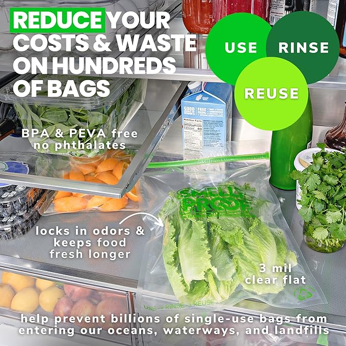 Smelly Proof Reusable Food Storage Bags, Reusable Freezer Bags, MADE IN USA, Dishwasher-Safe, BPA FREE, NO PEVA, 3-mil Thick Bags Extra Large+ Clear Flat 2-Gallon 12” x 16”, 5-Pack