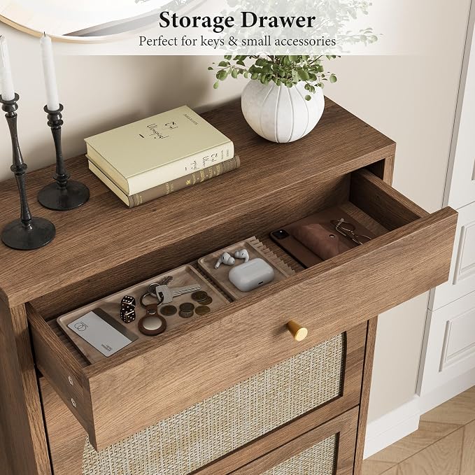 Nicetree Shoe Cabinet for Entryway, Slim Shoe Rack with 2 Flip Drawers and Top Storage Drawer, Narrow Shoe Organizer with Printed Rattan-Look Design, Entryway Shoe Storage for Size 12 Shoes, Caramel