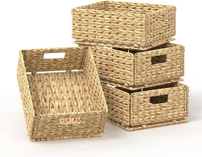 Pantry Wicker Storage Baskets for Shelves, 4 Pack Small Woven Baskets for Storage, Handmade Pantry Organizers and Storage, Boho Decor Water Hyacinth Pantry Organization - Natural