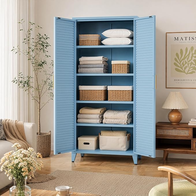 Blue Metal Storage Cabinet with Doors Pantry Cabinet with 3 Adjustable Shelves, 61" Tall Steel Kitchen Storage Locker for Kitchen Living Room Bedroom Home Bathroom