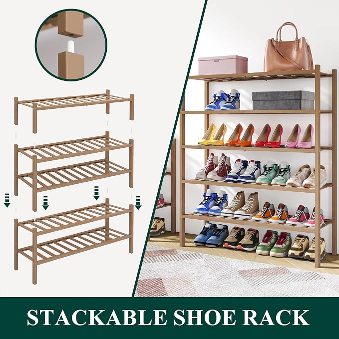 Smiry Bamboo Shoe Rack, 2 Tier Free Standing Wooden Shoe Organizer, Stackable Wood Shoe Storage Shelf for Closet, Entryway, 14 Vertical Slats, One-piece Heavy-Duty Legs, 26.8"x11"x13", Walnut