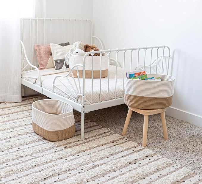 Honey Cotton Rope Basket for Shelf Storage - 15"×10"×9½" - Woven Decorative Basket for Organizing - Closet, Nursery, Bedroom - Toys, Books, Towels, Clothes