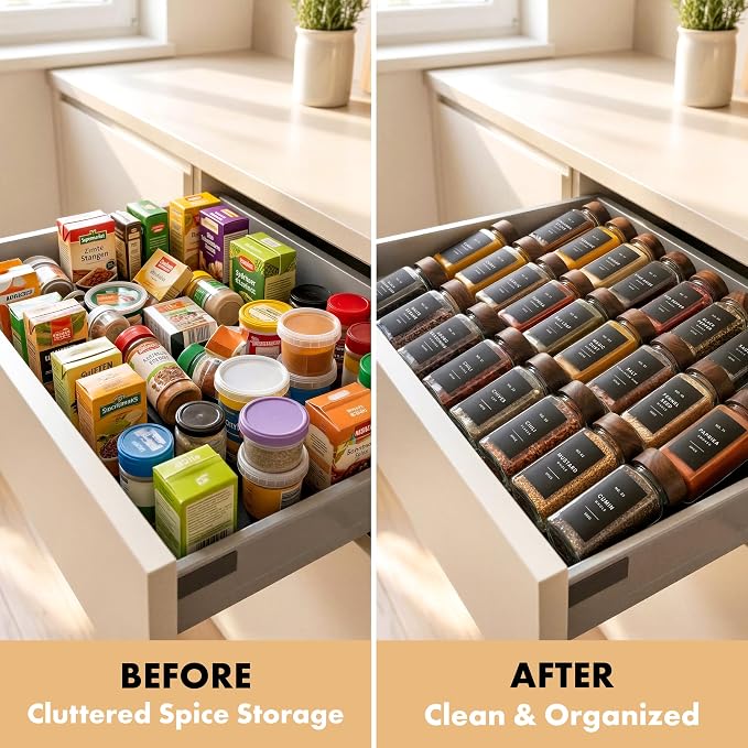 EDELHAUS Glass Spice Jars with Label, 36x Acacia Wooden Lids - Black Labels | Airtight Lids keep spices fresh, Kitchen Spice Drawer Organizer, 4oz Seasoning Containers incl. Funnel, Brush & 240 Labels