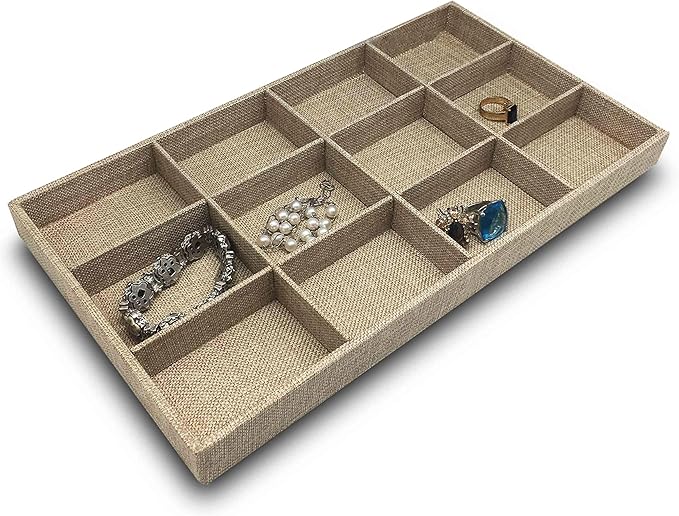 The Display Guys - Stackable Jewelry Organizer and Display Tray - for Drawers, Dressers, Store, Businesses (12 Compartments, Beige Burlap)