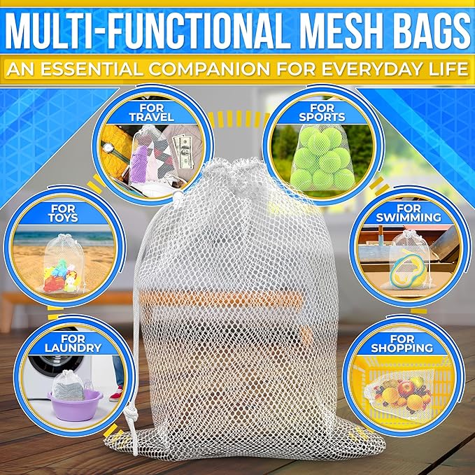 5 Pcs Small Mesh Bags with Tight Closure, 11.8 x 7.48", Nylon (White) | Mesh Laundry Bags Drawstring for Delicates; Multipurpose for Storing Balls, Clothes, Sports Gear, Beach Supplies & Travel Use