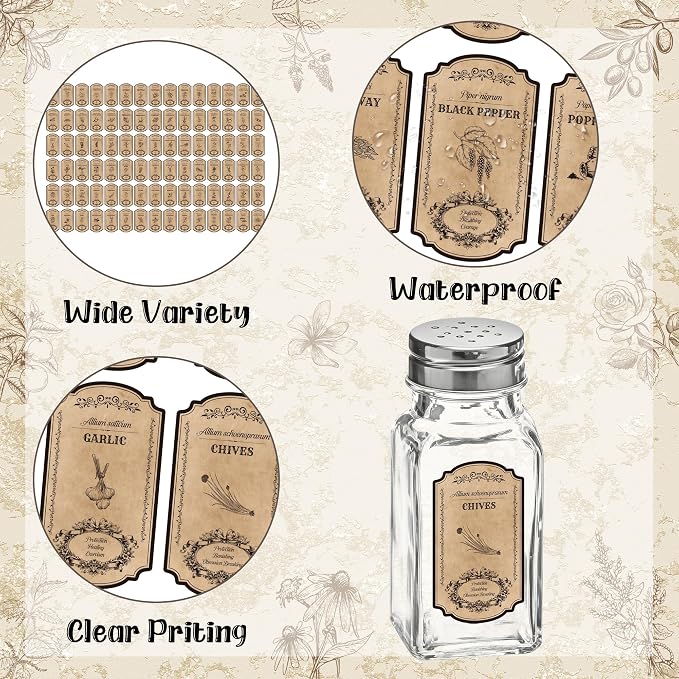 WATINC Vintage Herb and Spice Labels - 90PCS Apothecary Jar Stickers | Vintage Sketch Style, Waterproof Tags, Bottle Labels with Latin Names & Meanings, Various Designs for Kitchen Pantry