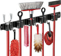 SUS304 5 Racks and 4 Hooks Mop and Broom Holder Wall Mount | Heavy Duty Self Adhesive Solid Non-slip Broom Organizer Storage Tool Racks for Home Kitchen Garden Laundry Garage
