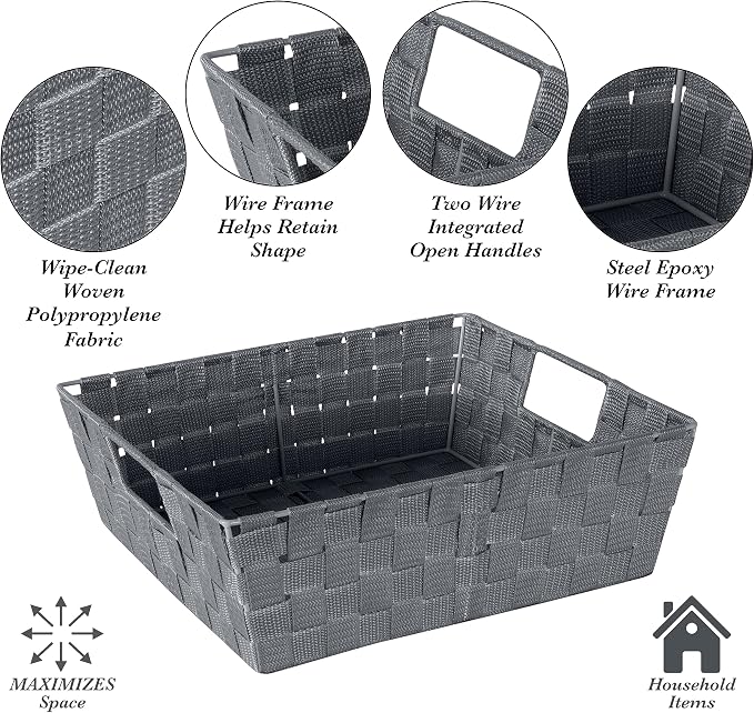 Simplify Large Shelf Woven Strap Tote | Decorative Storage Basket | Built in Handles | Organization | Closet | Bedroom | Bathroom | Nursery | Accessories | Toys | Gifts | 2 Pack | Grey