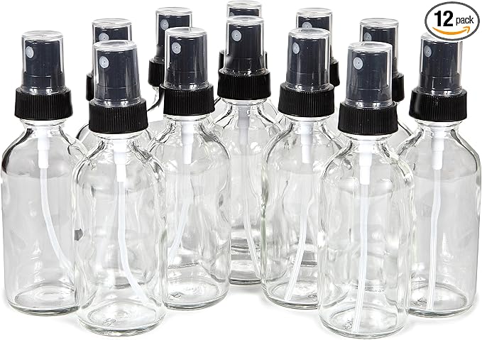 Vivaplex, 12, Clear, 2 oz Glass Bottles, with Black Fine Mist Sprayers