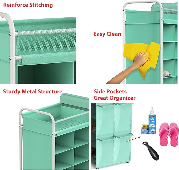 Simple Houseware 16 Cube Shoe Stand Tower Rack 8 Tier, Turquoise | Top Shelf and Side Hanging Pockets