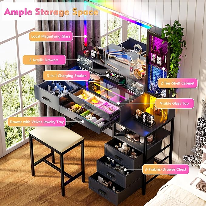 Lvifur RGB Makeup Vanity Desk with Wireless Charging Station,7 Dynamic & 24 Static Dimmable Vanity Table Set with Glass Top,Human Sensor LED Vanities with Mirror and Lights,6 Drawers,Stool
