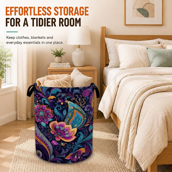 Mandala Paisley Flower Laundry Basket with Handles,Vintage Boho Foldable Oxford Laundry Hamper,Collapsible Clothes Storage Basket for Laundry Room/Bathroom/Bedroom/Dormitories 20.8 x 16 Inches