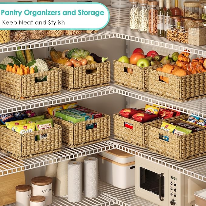 Pantry Wicker Storage Baskets for Shelves, 4 Pack Small Woven Baskets for Storage, Handmade Pantry Organizers and Storage, Boho Decor Water Hyacinth Pantry Organization - Natural