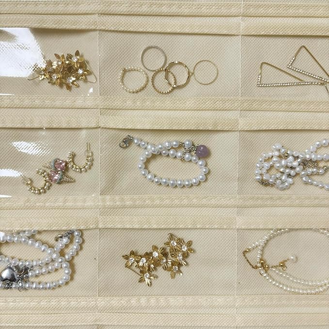 Hanging Jewelry Organizer, 80-Pocket Double-Sided Storage, 1-Pack, Black and Beige