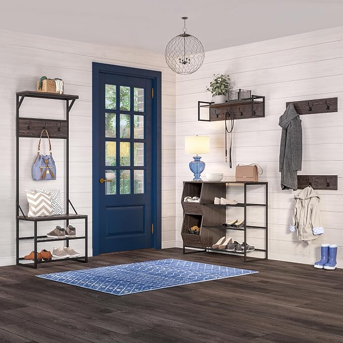 RiverRidge Afton Shoe Storage Organizer, Black Frame + Weathered Woodgrain | Versatile Entrway Shoe Rack with 3 Metal Shelves, and 2 Cubby Bins