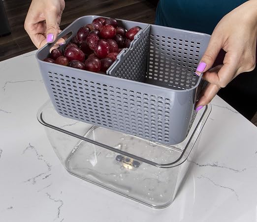 Kitchen Spaces Colander Stackable Food Storage Bin, Large, Gray, 11"L x 7"W x 9"H