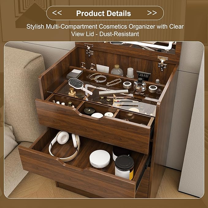 3 in 1 Vanity Desk with Mirror and Lights,23.6" Walnut Small Make Up Vanity Set with Visible Glass Desktop,Compact Makeup Vanity with 3 Drawers & Stool, Flip Top Makeup Dressing Table for Bedroom