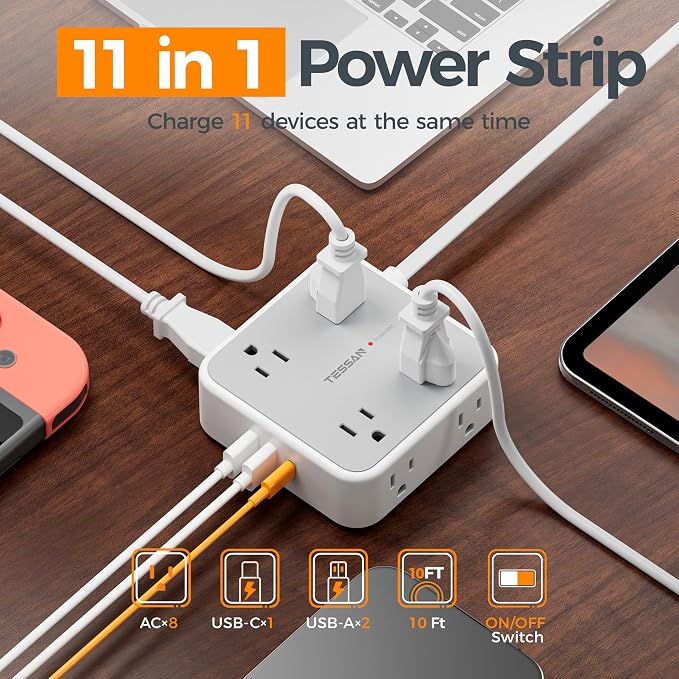 TESSAN Surge Protector Power Strip, 10 Ft Flat Plug Extension Cord with 3 USB (1 USB C 20W PD) 8 Outlets, 900J Protection, 3 Sided Outlet Extender with Power Switch for Office, Dorm Room, Grey