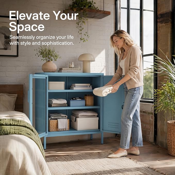 Lockable Metal Storage Cabinet Locker Adjustable Shelves, Multifunctional Versatile Storage Lockers, Easy Assembly Durable Metal Sideboard Furniture for Bedroom Home Office Blue