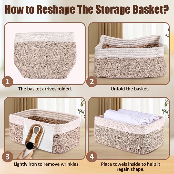 5-Pack Small Woven Rope Storage Baskets, 2 Sizes Organizer Bins | Fabric Cube Boxes and Rectangular Shallow Bins for Closet, Shelf, Bookshelf, Nursery, Changing Table, Bathroom, Toys & Home
