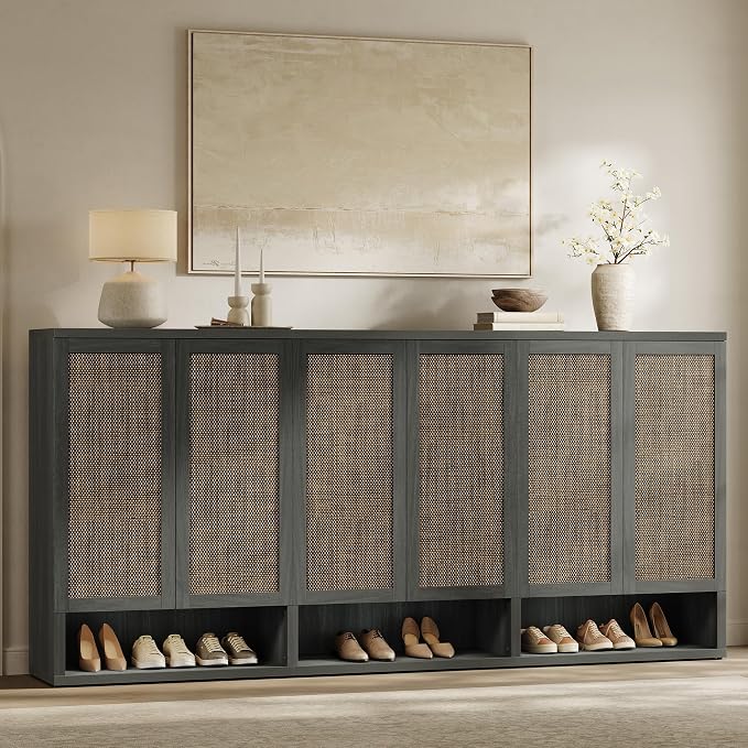 SICOTAS 96.8" Wide Tall Rattan Shoe Storage Cabinet for Entryway with Doors | Rattan Shoe Cabinets with Doors, Space Saving Free Standing Tall Shoe Cabinet Storage Organizer for Entryways, Hallway, Home
