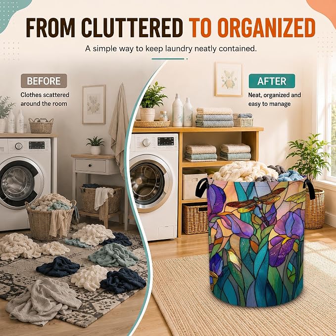 Tulip Dragonfly Glass Laundry Basket,Foldable Oxford Laundry Hamper with Handles,Portable Clothes Tote Bag Clothes Storage Bucket Organizer 20.8" x16" For Bathroom/Laundry Storage/Bedroom