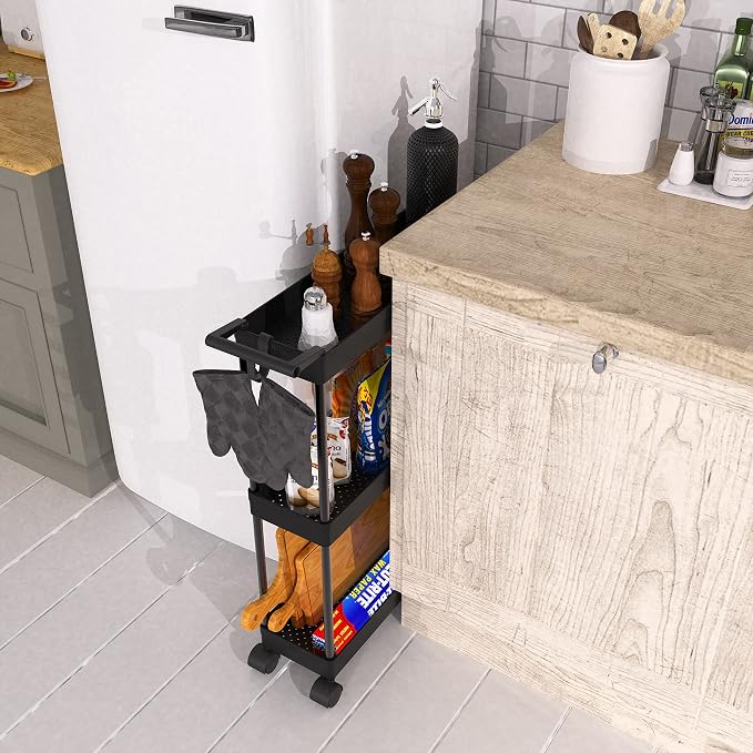 Simple Houseware 3-Tier Slim Rolling Cart w/Handle 5.5" Wx27.5 H, Black | Storage Cart for Narrow Space (5.5-Inch Wide) Kitchen, Bathroom, Laundry Room