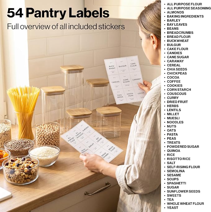 Glass Pantry Storage Jars Containers with Bamboo Lids and Labels - Set of 5 | Extra Thick Square Glass Canisters with Bamboo Wood Lids and 54 Pre-printed Pantry Labels keeps dry Goods Fresh and Organized