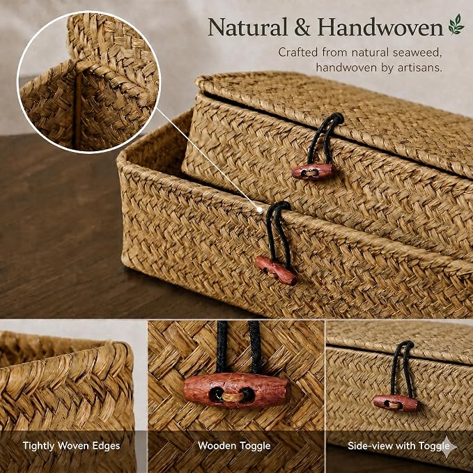 YANGQIHOME Set of 2 Seagrass Baskets with Lids, Rectangular Woven Storage Baskets, Natural Wicker Basket Boxes for Coffee Table, Shelf, Bathroom Counter & Closet Decor (Natural, Set of 2)