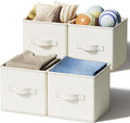 LayerSpace 4 Pack Foldable Fabric Closet Storage Bins, 11Inch Organizer Cubes with Handles, Linen Storage Boxes for Clothes, Toys, Books and Home Organization, White& Ivory