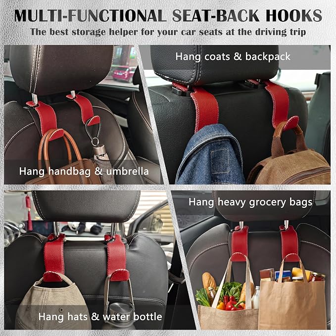 Amooca Car Seat Headrest Hook Universal Vehicle Storage Hanger Leather with Metal Car Seat Back Organizer for Handbag Purse Coat Wine 4 Pack