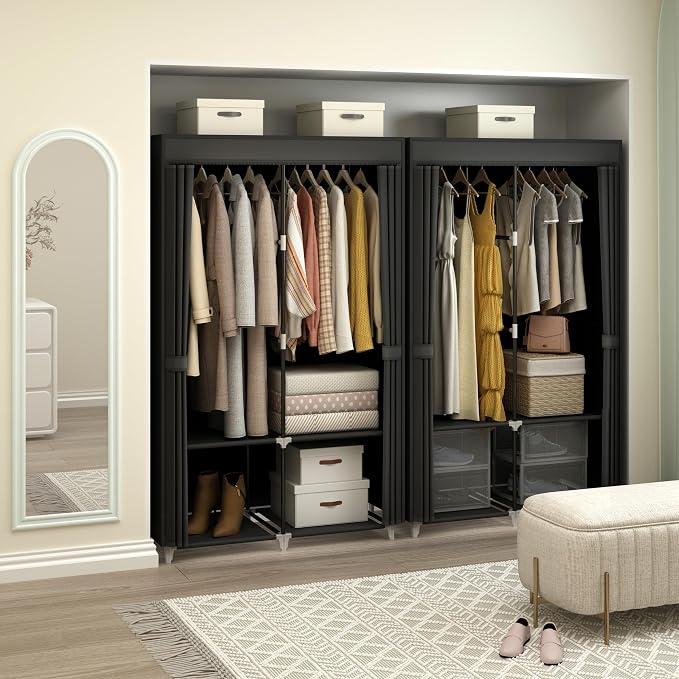 35“ Portable Closet Wardrobe for Small Room, Hanging Rods Shelves & Cover | 2 Clothes Hanging Rods, 4 Shelves and Non-Woven Fabric Cover