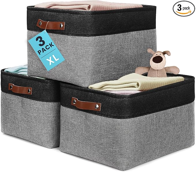 OrganiHaus 16x12.5in Canvas Storage Baskets 3 Pack | EXTRA LARGE Fabric Bins for Shelves | Linen Closet Organizer | Gray/Black