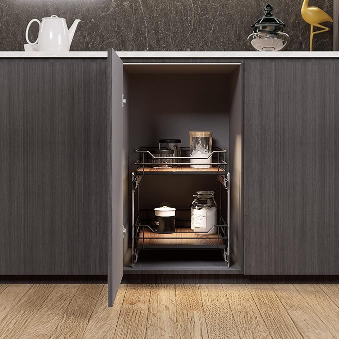 Home Zone Living Pull Out Kitchen Cabinet Organizer with 2 Tiers of Storage for Easy Access, 15”W x 20”D, Matte Black With Dark Brown, Virtuoso Collection