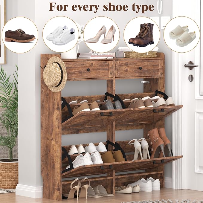 Thacuok Shoe Cabinet with 4 Flip Drawers & 2 Storage Drawers, Rustic Farmhouse Narrow Shoe Organizer Cabinet, Slim Shoe Rack Cabinet, Shoe Storage Cabinet for Entryway, Hallway, Front Door