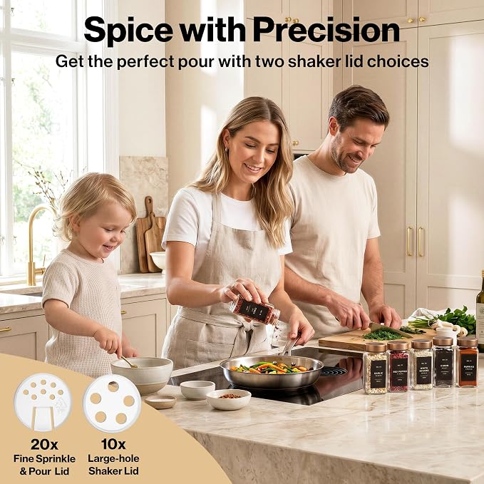 EDELHAUS Glass Spice Jars with Label, 24x Champagne Bronze Steel Lids | Airtight Lids keep spices fresh, Kitchen Spice Drawer Organizer, 4oz Seasoning Containers incl. Funnel, Brush & 240 Labels
