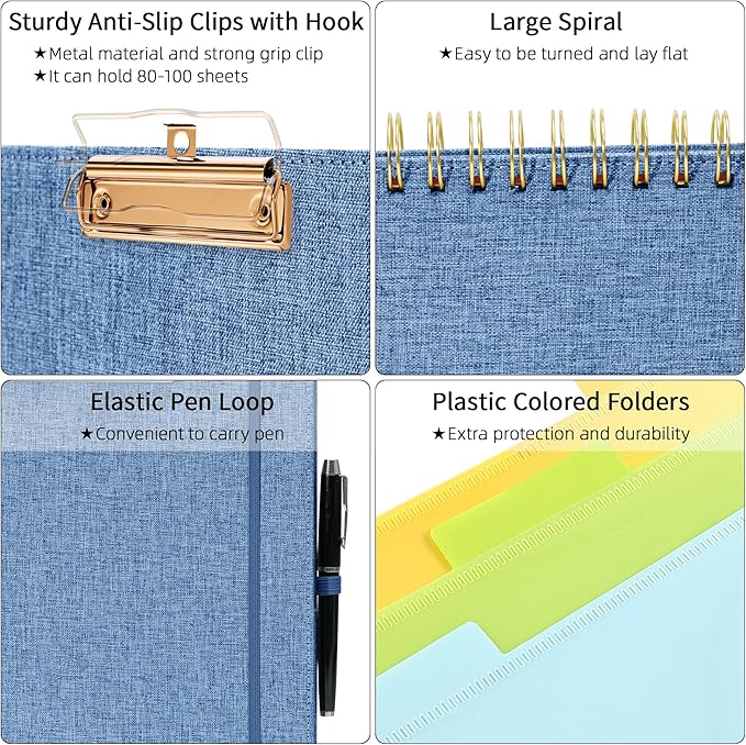 Ospelelf Foldable Spiral Clipboard Folio with Storage Zipper Pouch, 5 Plastic Folders with 10 Pockets, Refillable Lined Notepad (11" x 8.5"), Linen Hardcover Project Organizer(Haze Bule)