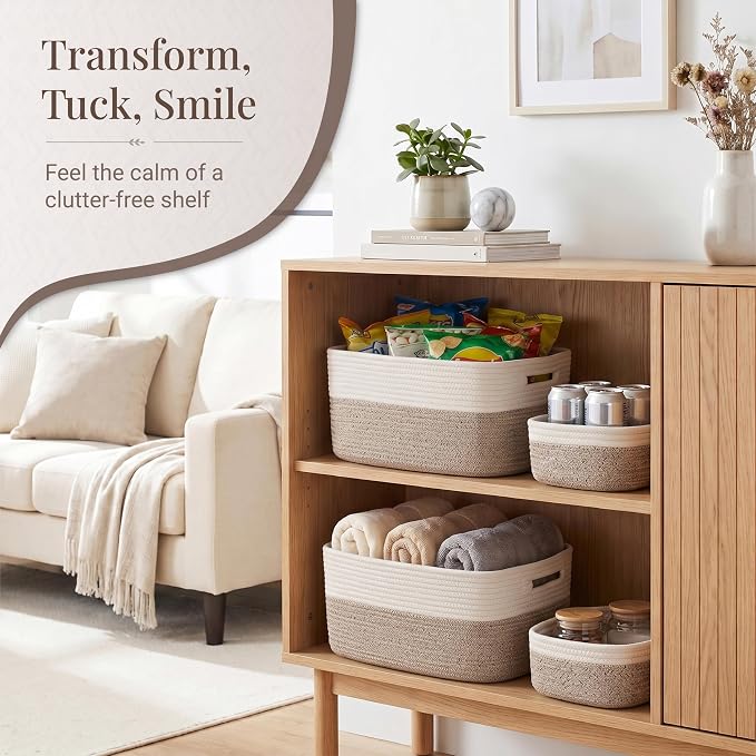 5-Pack Large Woven Rope Storage Baskets, 2 Sizes Organizer Bins | Fabric Cube Boxes and Rectangular Shallow Bins for Closet, Shelf, Bookshelf, Nursery, Changing Table, Bathroom, Toys & Home