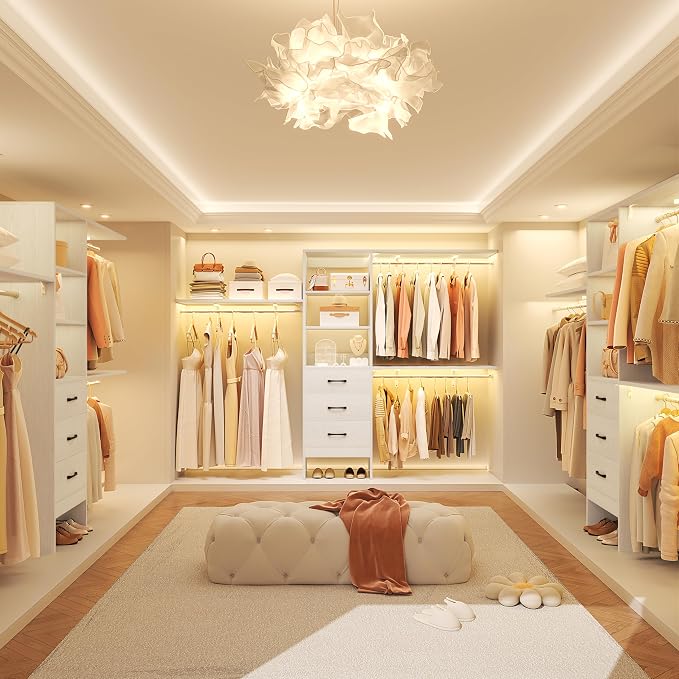 8FT Closet System, 96'' Closet Organizer System with 3 Hanging Rods, Wall Mount Bedroom Wardrobe with 3 Drawers Walk-in Closet, Adjustable Cloth Garment Rack from 5 to 8FT (Cut to Fit), Oak&White