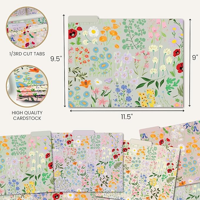 bloom daily planners Decorative File Folders - Set of 12 Letter Size (8.5” x 11”) Organizers, 1/3 Cut Tabs - Aesthetic Floral Folders for School & Office - Garden Party