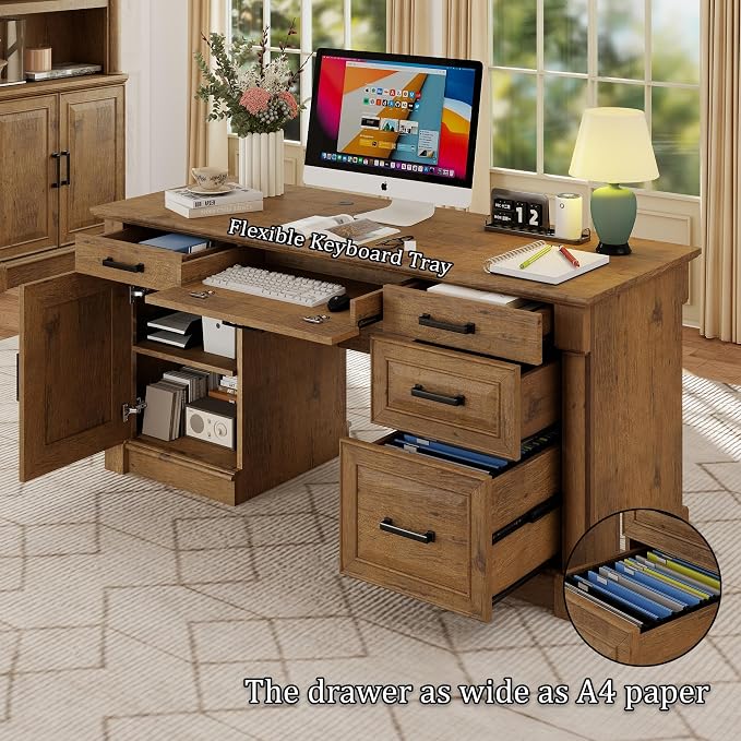 blini Large Farmhouse Executive Desk with Drawers，Wood Computer Desk，Embossed Texture Home Office Desk with File Cabinet Storage, Cable Management, Keyboard Tray，Working Table for Work Study Writing
