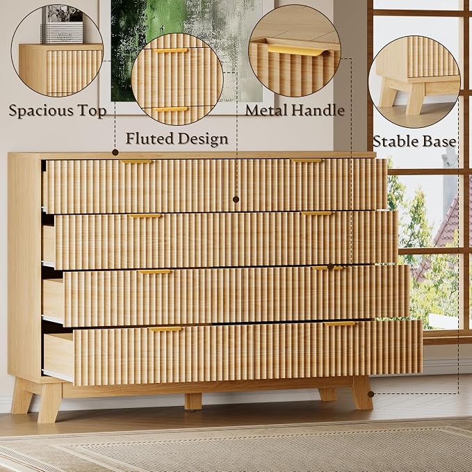 BORNOON 53" Wide Dresser for Bedroom, 8-Drawer Fluted Chest of Drawers, Modern Wood Highboy with Metal Slides and Handles, Anti-Tip Kit, Vertical Clothes Storage Organizer for Apartment, Closet
