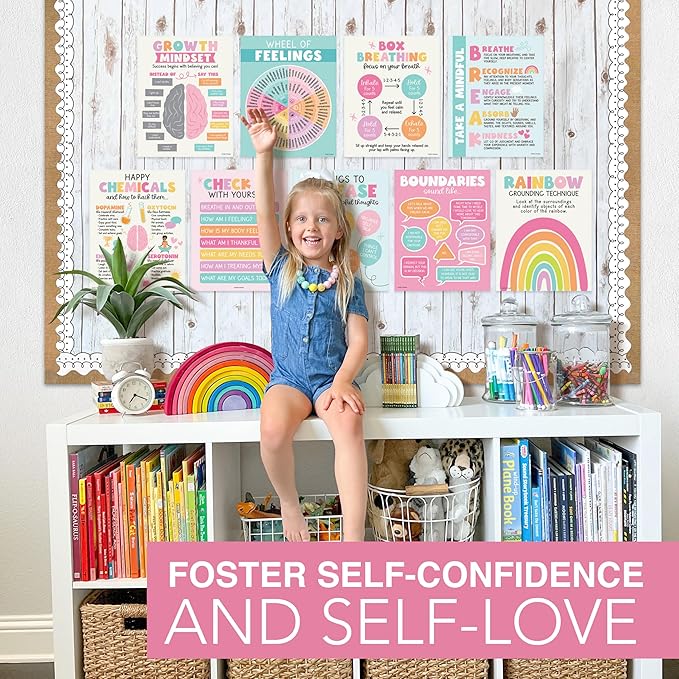 Hadley Designs 9 Mental Health Posters for Classroom - School Counselor Office Must Haves, Mental Health Therapy Office Decor, Growth Mindset Posters, Wheel of Feelings Chart, Pastel Classroom Decor