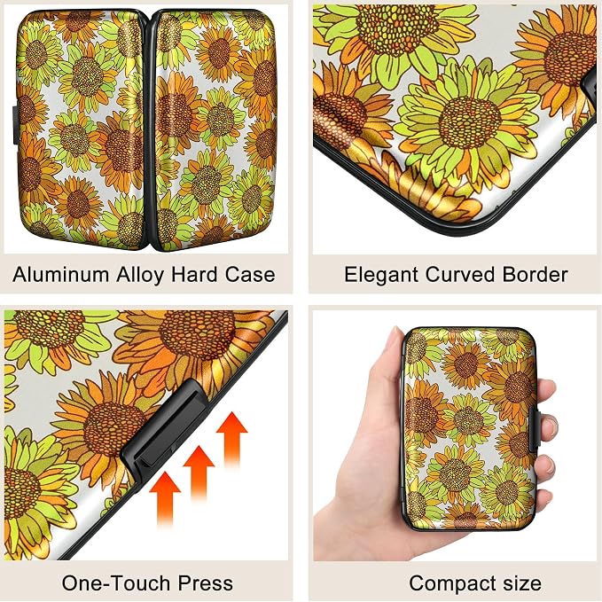ELFISH Mini RFID Aluminum Wallet Credit Cards Holder Business Card Case Metal ID Case for Men Women(Sunflowers)